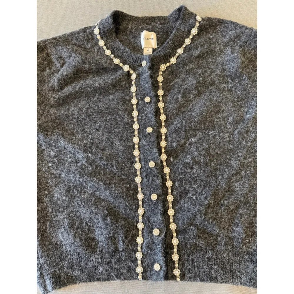 Maeve by Anthropologie embellished crew-neck cardigan sweater gray XS